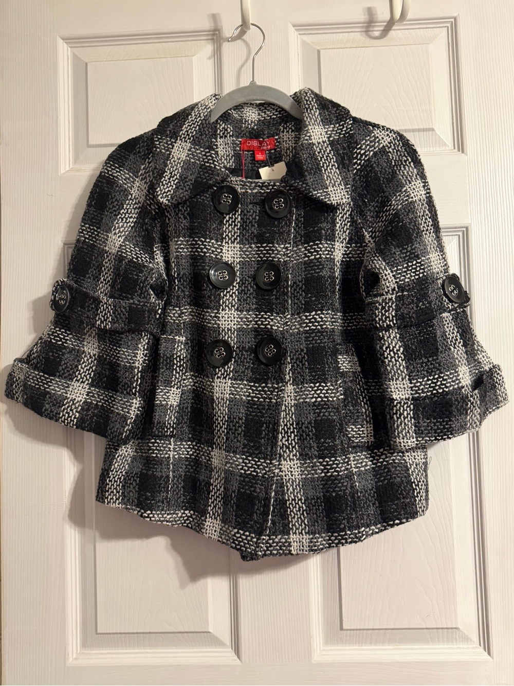 Dislay Black & Cream Plaid Cape Coat Double-Breasted Jacket NWT Size Small